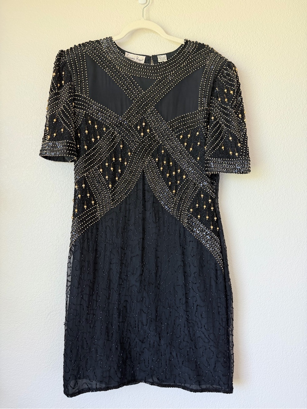 Laurence Kazar Vintage Silk Beaded Cocktail Dress Black Gold XXL